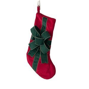 Grandin Road Velvet Bow Christmas Stocking Red Green Oversized 20"x10.75" NWOT